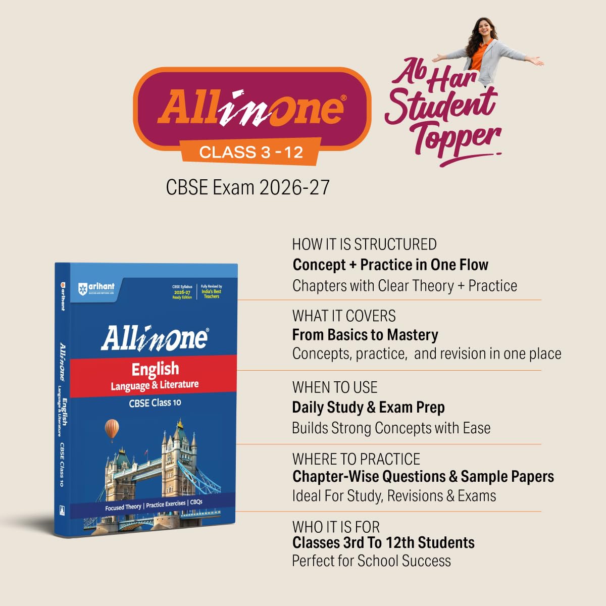 Arihant All in One Mathematics Class 10 for CBSE Exam 2026-27 | NCERT Based Complete Theory, Practice Exercises, CBQs, A-R, Sample Papers & Mind Maps | Revised Edition as per Latest Syllabus